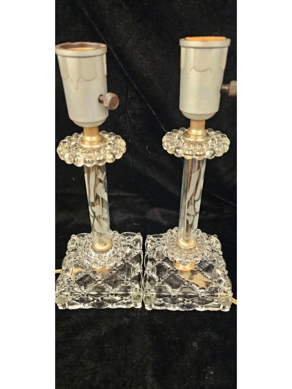 Vintage Pair Of Berwick Crystal Table Lamps With Etched Glass Columns & Candlewi